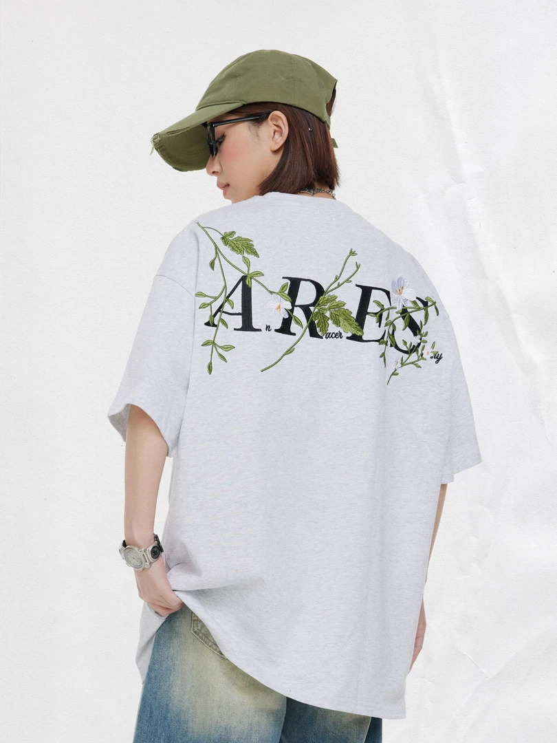 UNOTOBE 新中式花卉环形刺绣字母透气280克双纱棉宽松短袖男女夏