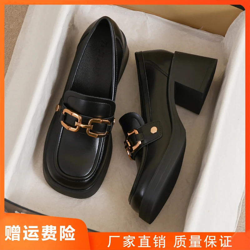 真皮小皮鞋女2025新款春秋英伦风黑色乐福配裙子34码豆豆高跟鞋子