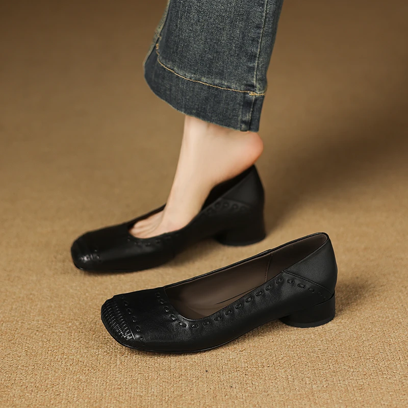 高级设计感3公分小跟鞋真皮浅口单鞋女通勤一脚蹬软底低跟奶奶鞋