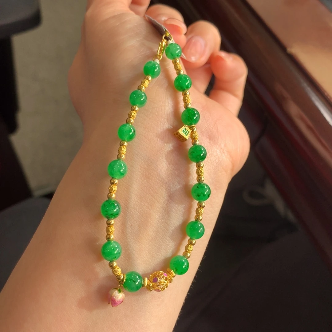 翡翠未镶嵌项链！金玉满堂！正阳绿飘辣色卡5.6-6.2