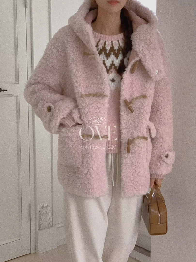 韩国东大门OVE牛角扣粉色羊羔毛外套 不可以7T