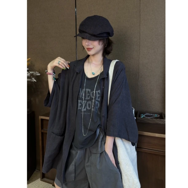 HY罗罗夏季大码麻料开衫款外穿上衣衬衫复古设计感时尚宽松气质