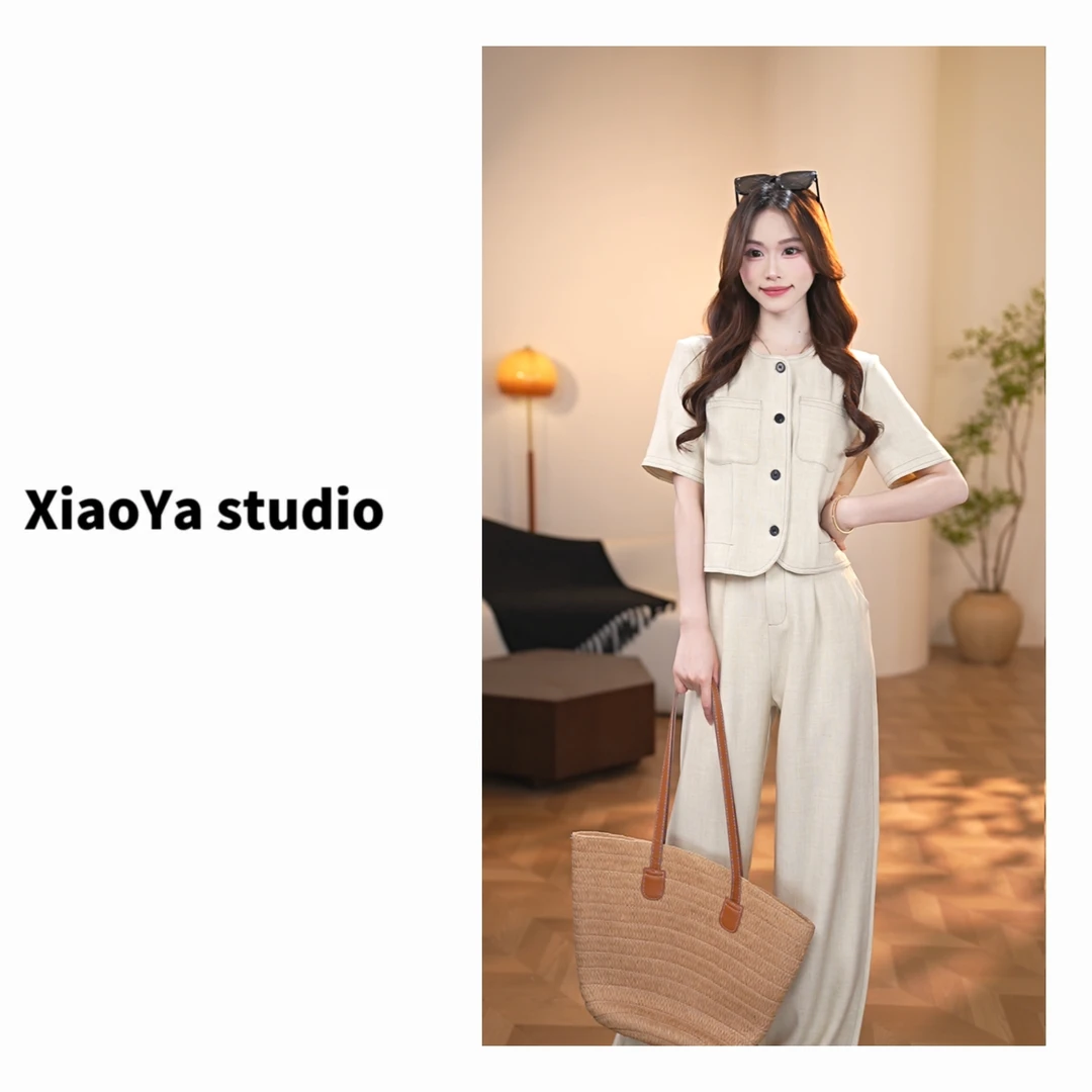 昕昕 F078初夏新款2025高级气质显瘦马甲+直筒裤套装女