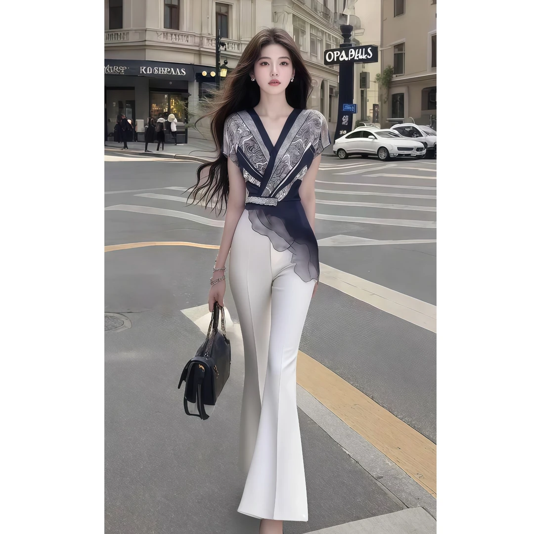 名媛风上衣小众设计感新款设计感修身白色长裤甜美小清新显瘦个性