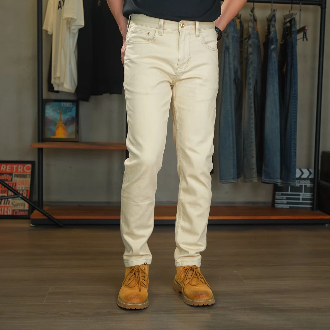 DH1022春夏薄款米杏色中腰薄款水洗牛仔裤弹力欧美简约时尚百搭