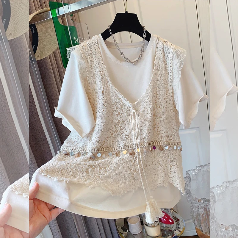 法式假两件蕾丝T恤花边衫镂空贝壳钩花叠穿马甲夏季大码显瘦上衣