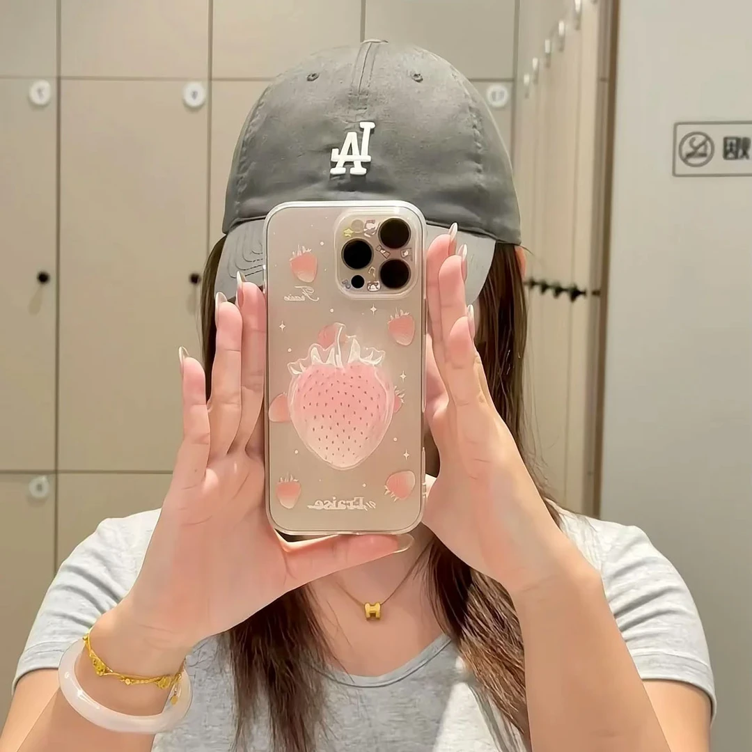 壳望粉色草莓适用苹果15Pro手机壳13硅胶XSMax/xr/12女16/14p套