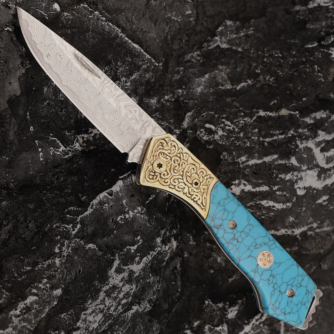 蓝松石手柄大马士革钢无锁家用刀收藏把玩蒙古手把肉实用折叠工具