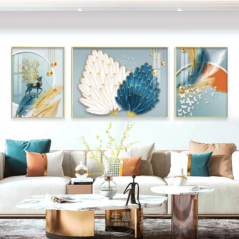 羽毛福鹿客厅装饰画轻奢高级感沙发背景墙蓝色抽象三联挂画墙壁画