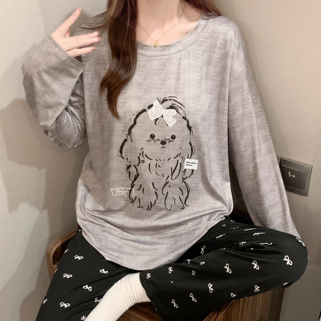 睡衣女2025新款秋冬季长袖休闲圆领大码宽松卡通少女带胸垫家居服