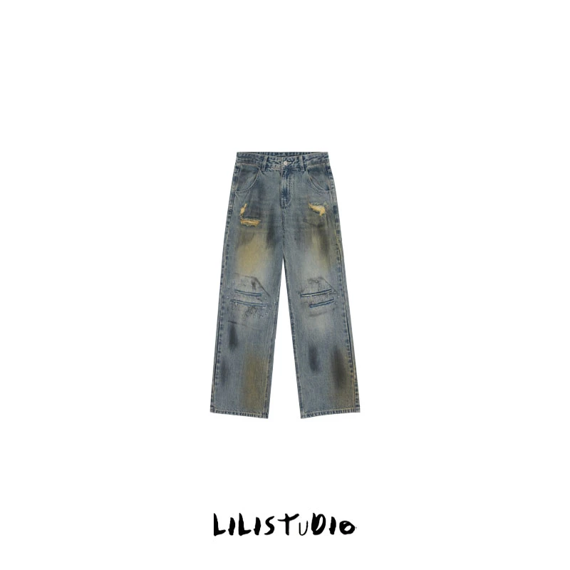 PCNY「街头辣妹」不理理夏季新款女装时尚宽松复古直筒破洞牛仔裤