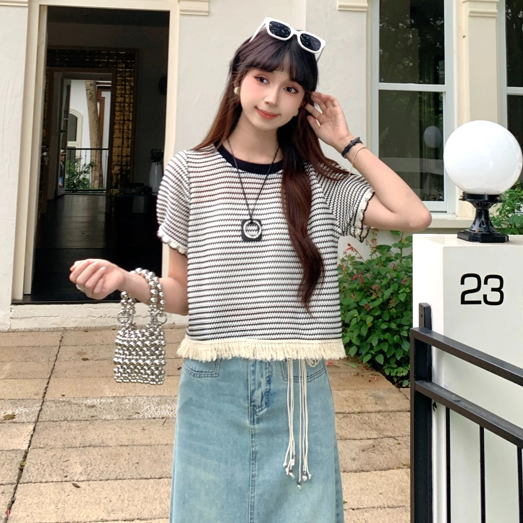慕兔韩系条纹简约修身圆领短袖T恤女2025夏新款小个子百搭宽松