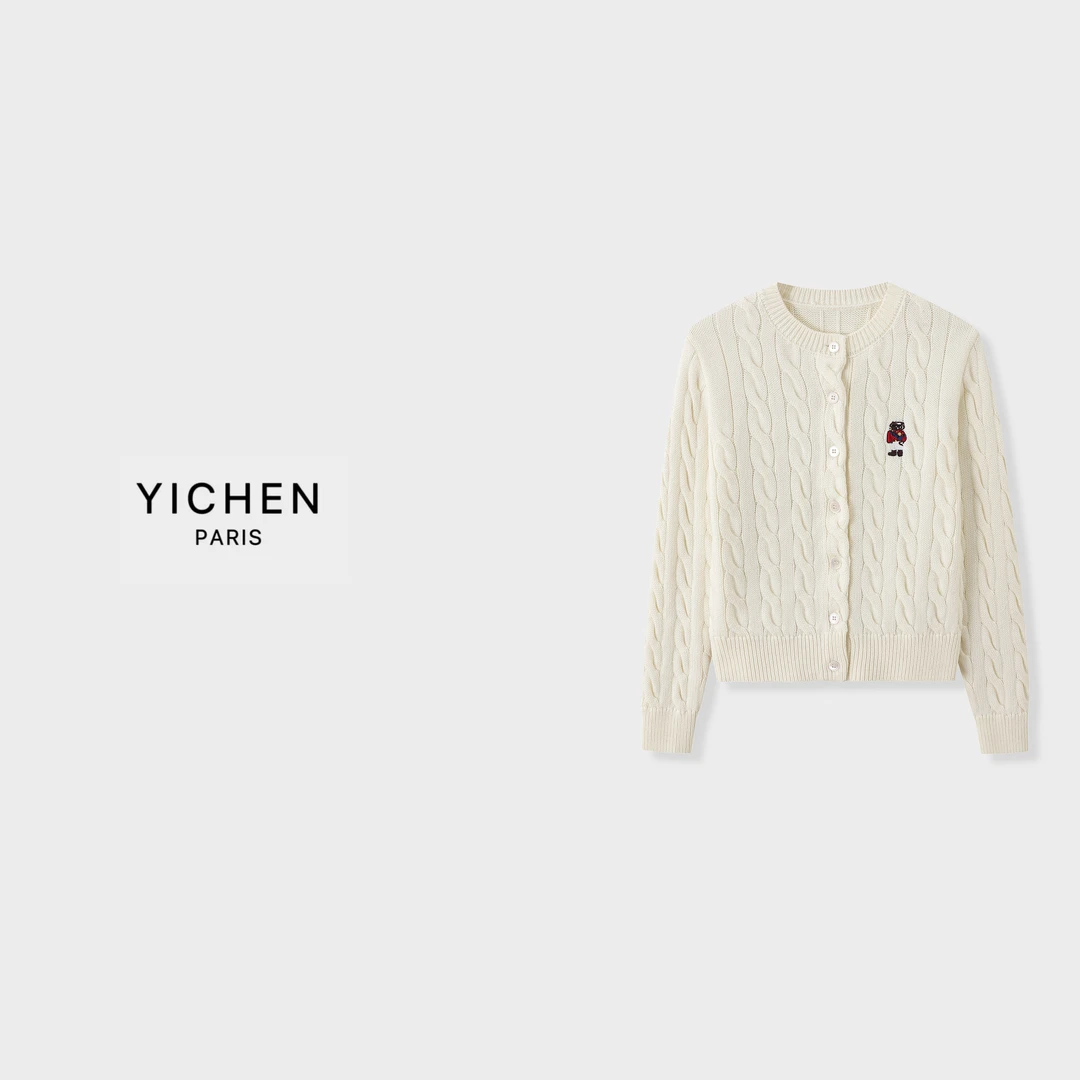YC 刺绣小熊奶油白绞花单排扣圆领针织毛衣外套-2863