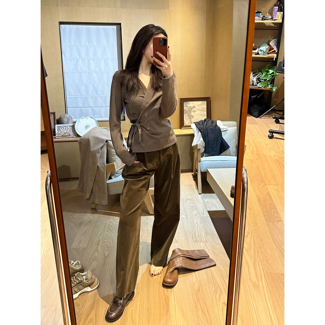ROMI STUDIO48支双股丝光羊毛天丝棉混纺V领系带针织开衫23AWM367