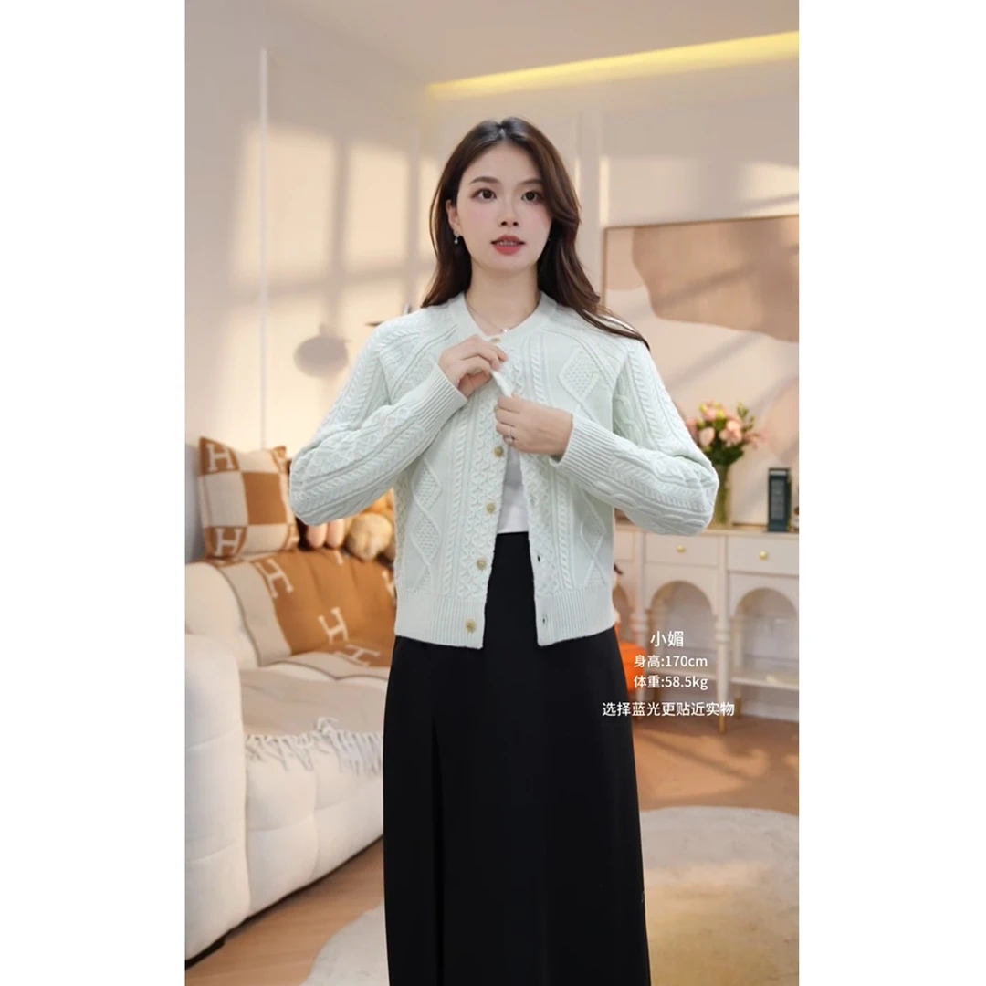 【琳媚】“开衫”秋冬新品色织7针佰分佰山羊绒圆领开衫长袖女
