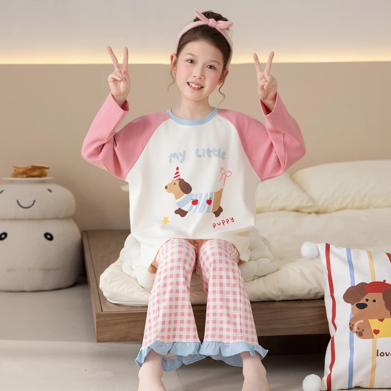 春秋季女童睡衣新款纯棉长袖儿童洋气套装中大童女孩家居服可外穿