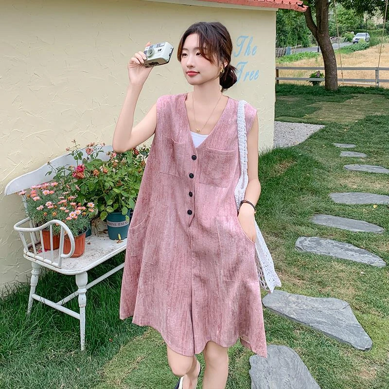 粉色晕染休闲宽松连衣裤女2025夏季新款复古无袖减龄阔腿连体短裤