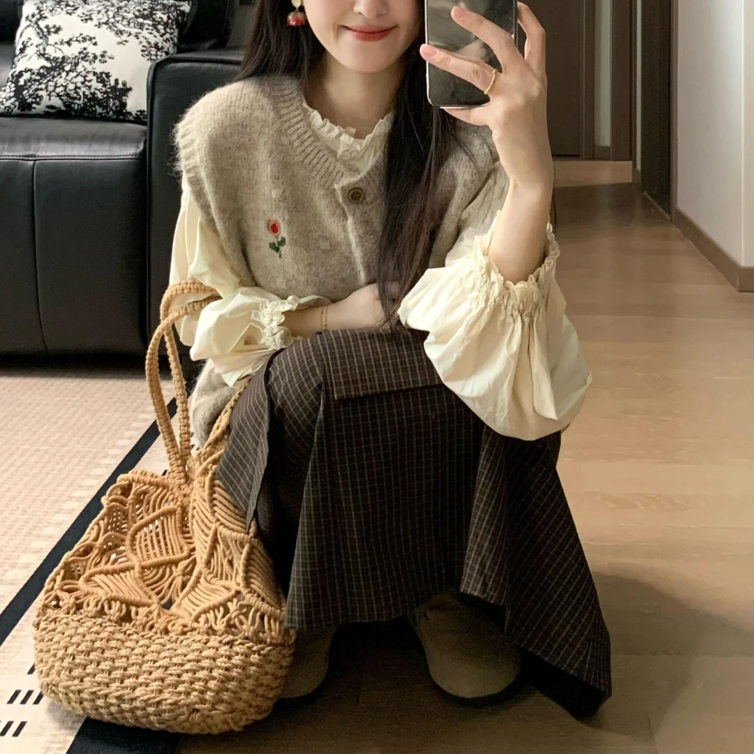 韩系慵懒风花朵针织马甲背心女秋冬衬衫叠穿无袖坎肩外搭毛衣开衫