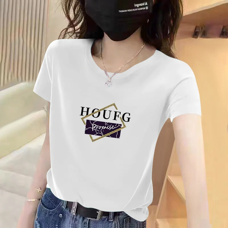 正肩白色短袖t恤女夏季2025新款纯棉漂亮圆领体恤衫半袖上衣女潮