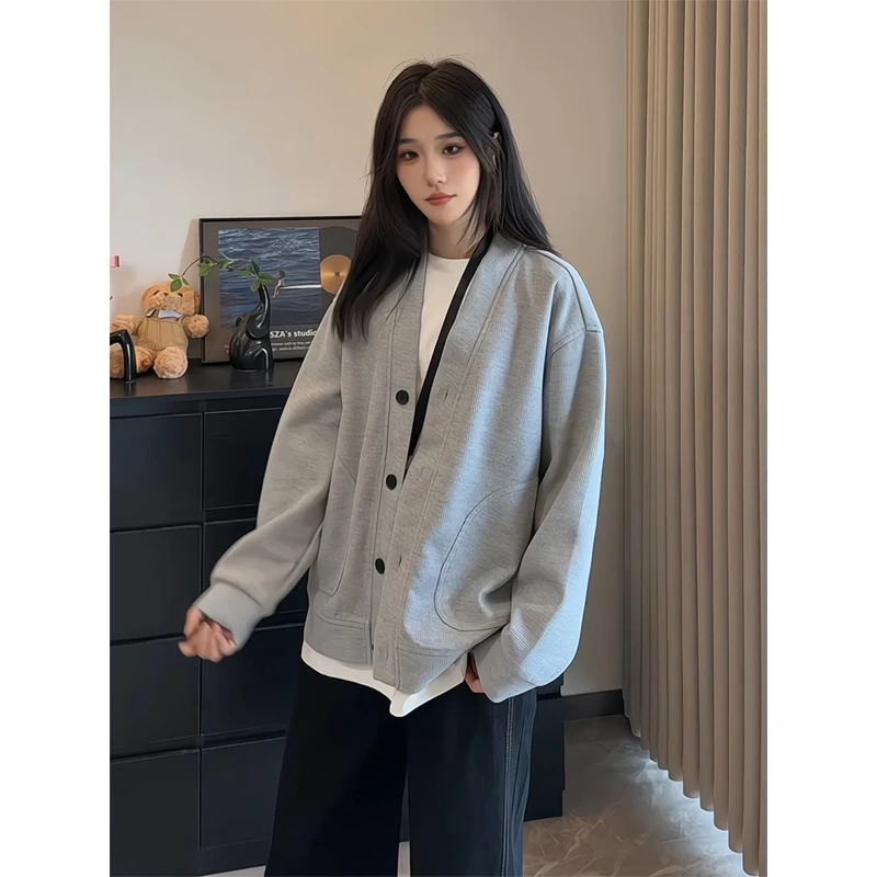 cleanfit灰色华夫格卫衣开衫外套男款秋季美式慵懒风宽松情侣夹克