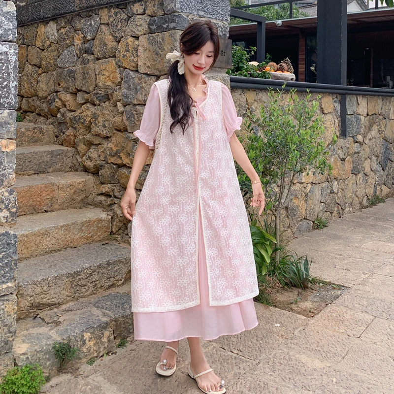 蕾丝绣花罩衫连衣裙叠穿套装女2025夏装粉色甜美衬衫裙两件套气质