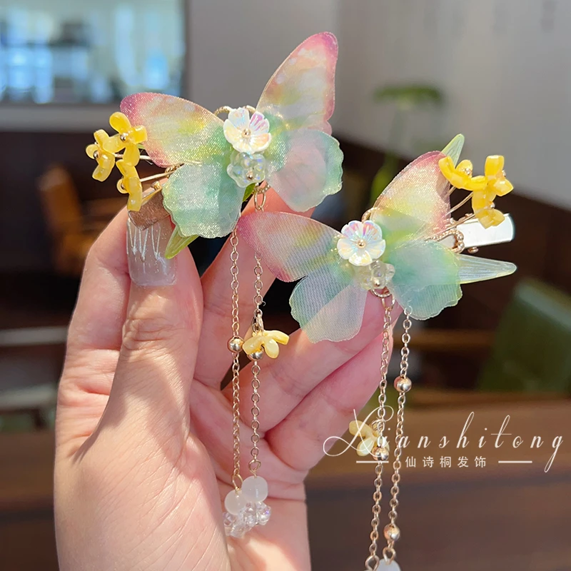 超仙蝴蝶发夹头花女儿童发饰中国风流苏发卡侧边夹子汉服女童头饰