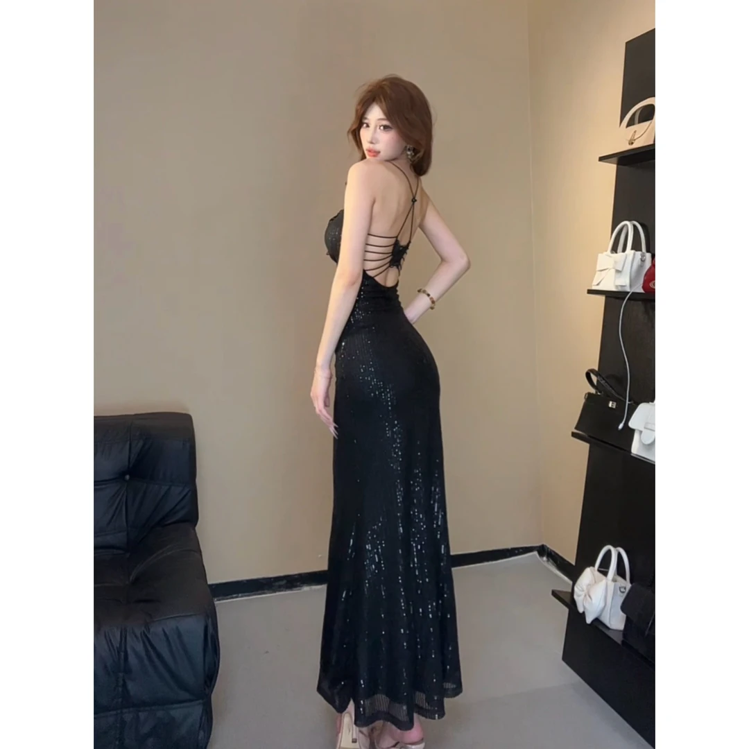 小莹日记【夜宴】夏季轻礼服黑色修身蝴蝶吊带连衣裙QXQHZ51908