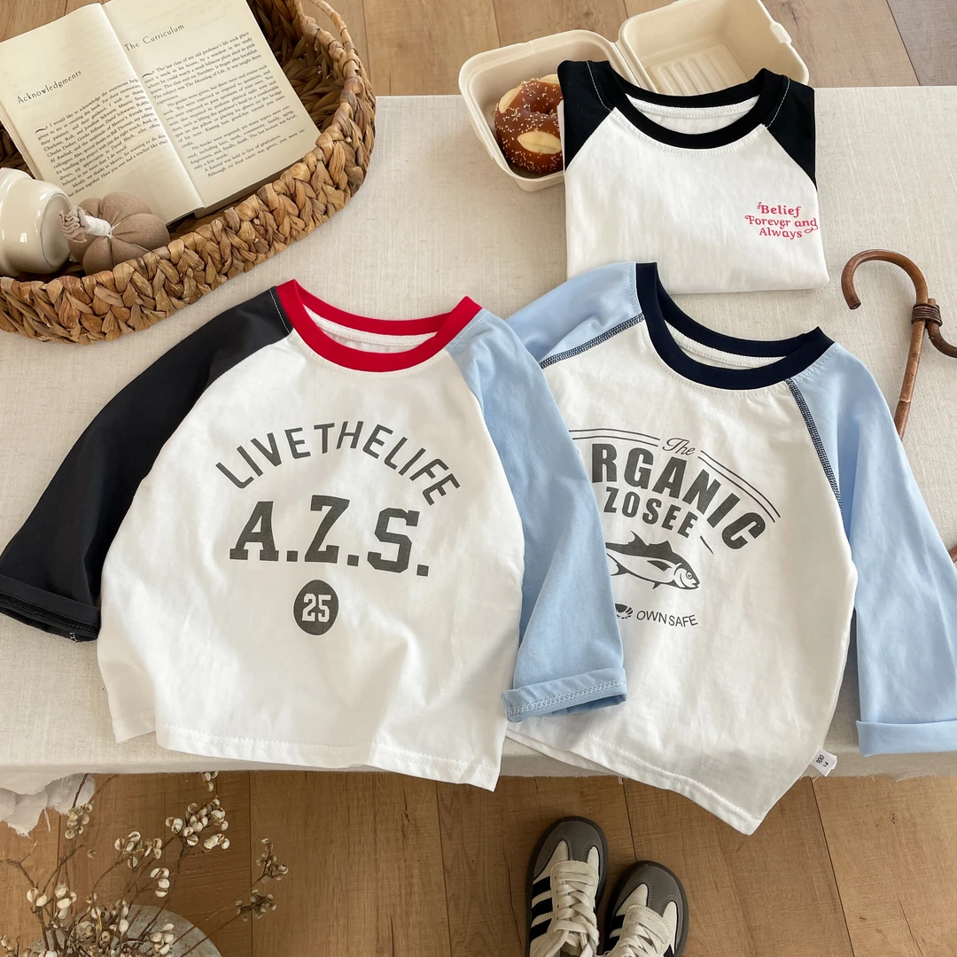 春秋长袖男童拼色印花撞色圆领时尚卫衣