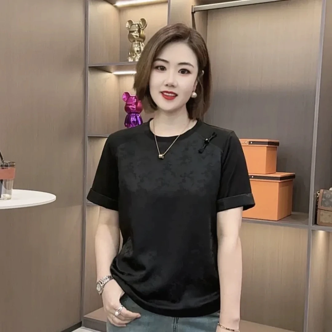 短袖女夏季新中式宽松T恤中国风透气小衫圆领黑色印花休闲上衣