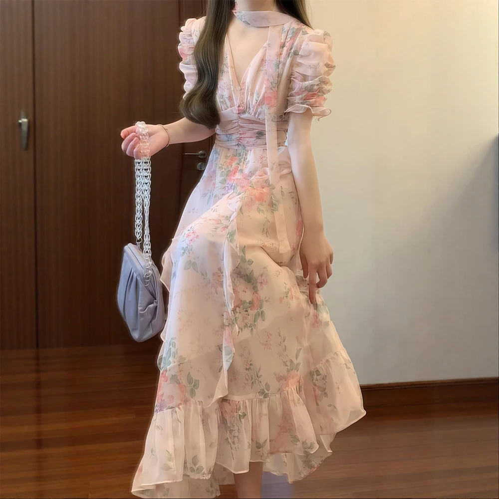 E207温柔风荷叶边v领碎花连衣裙女夏季大码胖mm绝美收腰显瘦长裙