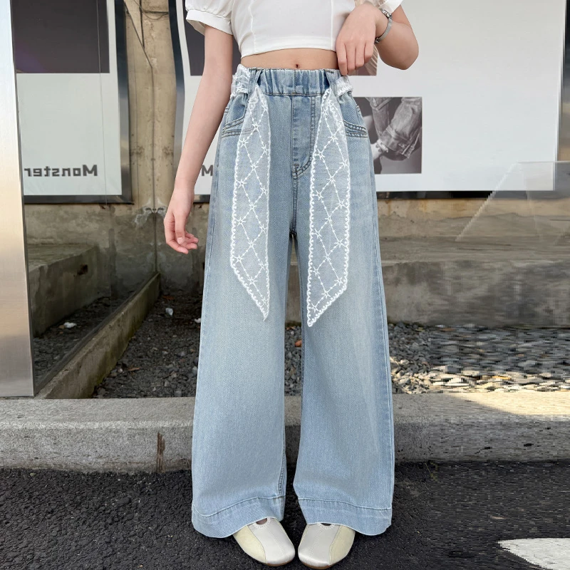 女童春秋牛仔裤2025新款儿童洋气蕾丝系带阔腿裤女孩薄款直筒裤子
