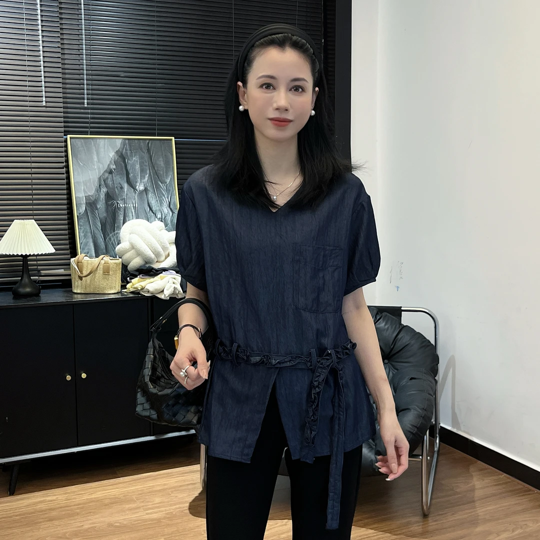 【Si&华严选】V领正肩短袖衬衫百搭时尚收腰绑带气质独特上衣woc312