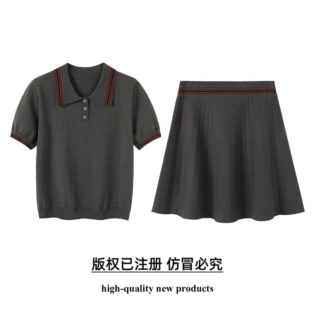 【奢姿】大码女装2025夏季新款减龄翻领针织衫半身裙套装短裙两件套