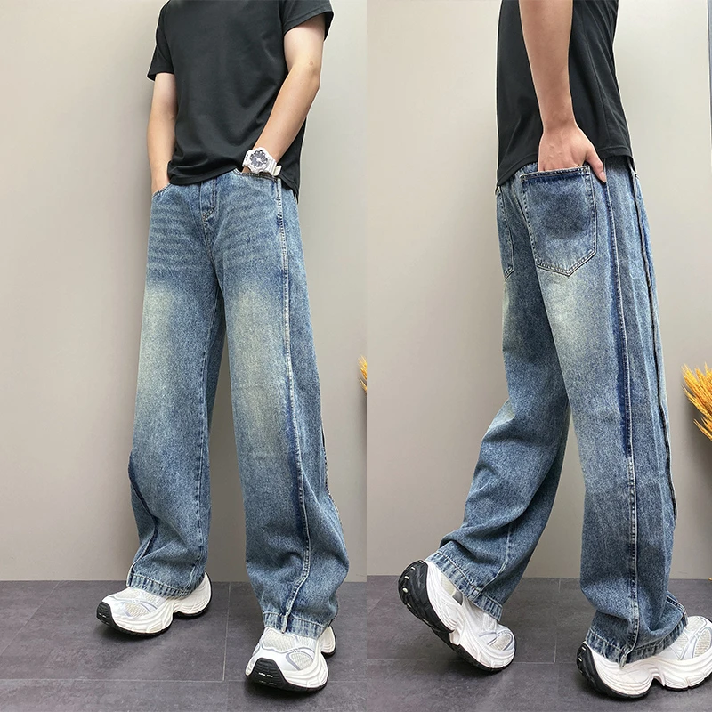 2025年秋季新款潮牌韩版宽松哈伦蓝色水洗高街青年男士休闲牛仔裤
