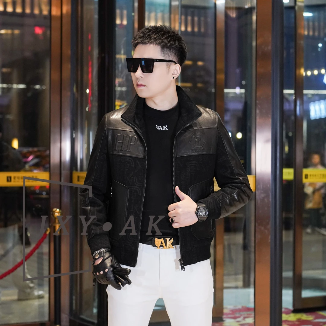 2025冬季新款男士立领短款拼接山羊皮夹克百搭白鸭绒保暖皮衣外套