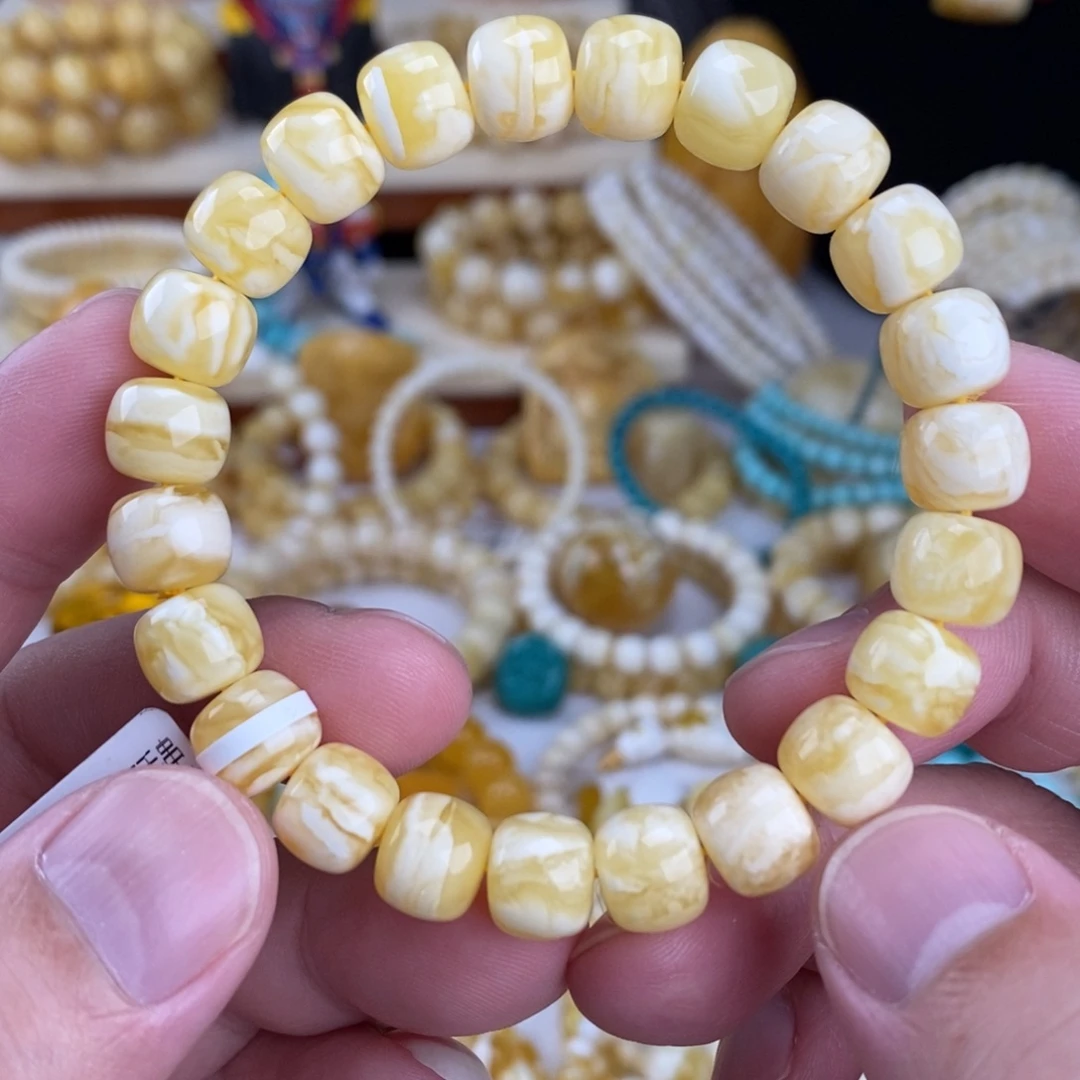 蜜蜡未镶嵌手链漆白细纹蜡实虎皮纹10mm