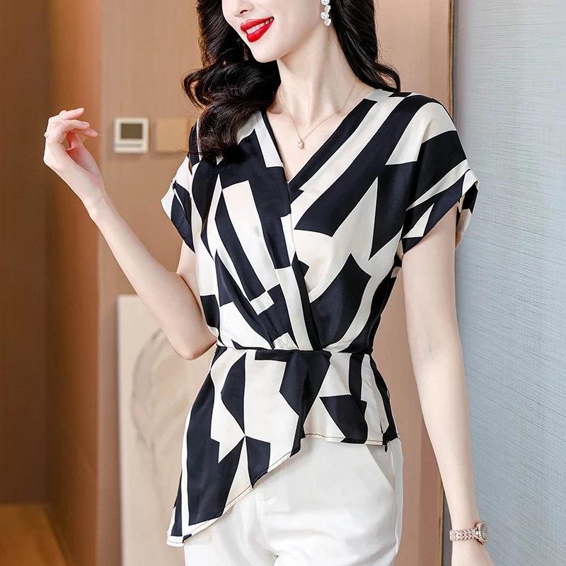 薄款衬衫常规款蕾丝纯色短袖雪纺衫V领海妖风拼接时尚休闲气质