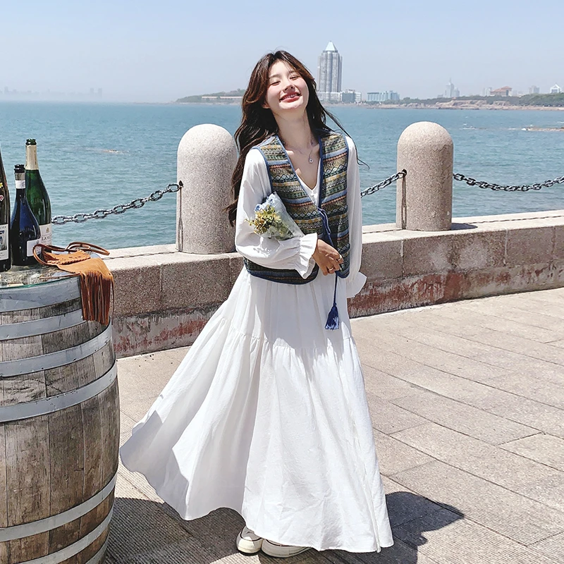 双面穿马甲白色长袖连衣裙套装2025新款早春高级感穿搭长裙两件套