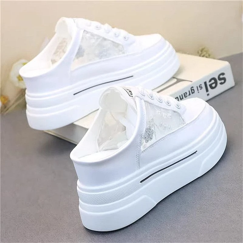 刺绣网布小个子显瘦半托厚底增高8cm潮流气质小白鞋无后跟懒人拖