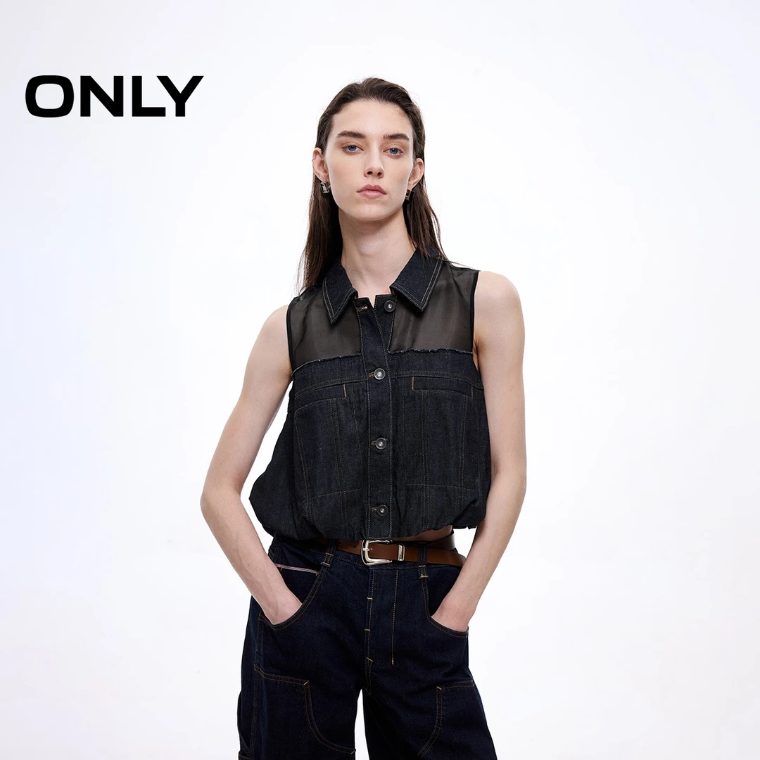 ONLY2025秋季新款帅气通勤拼接透纱显瘦无袖牛仔衬衫女|125159001