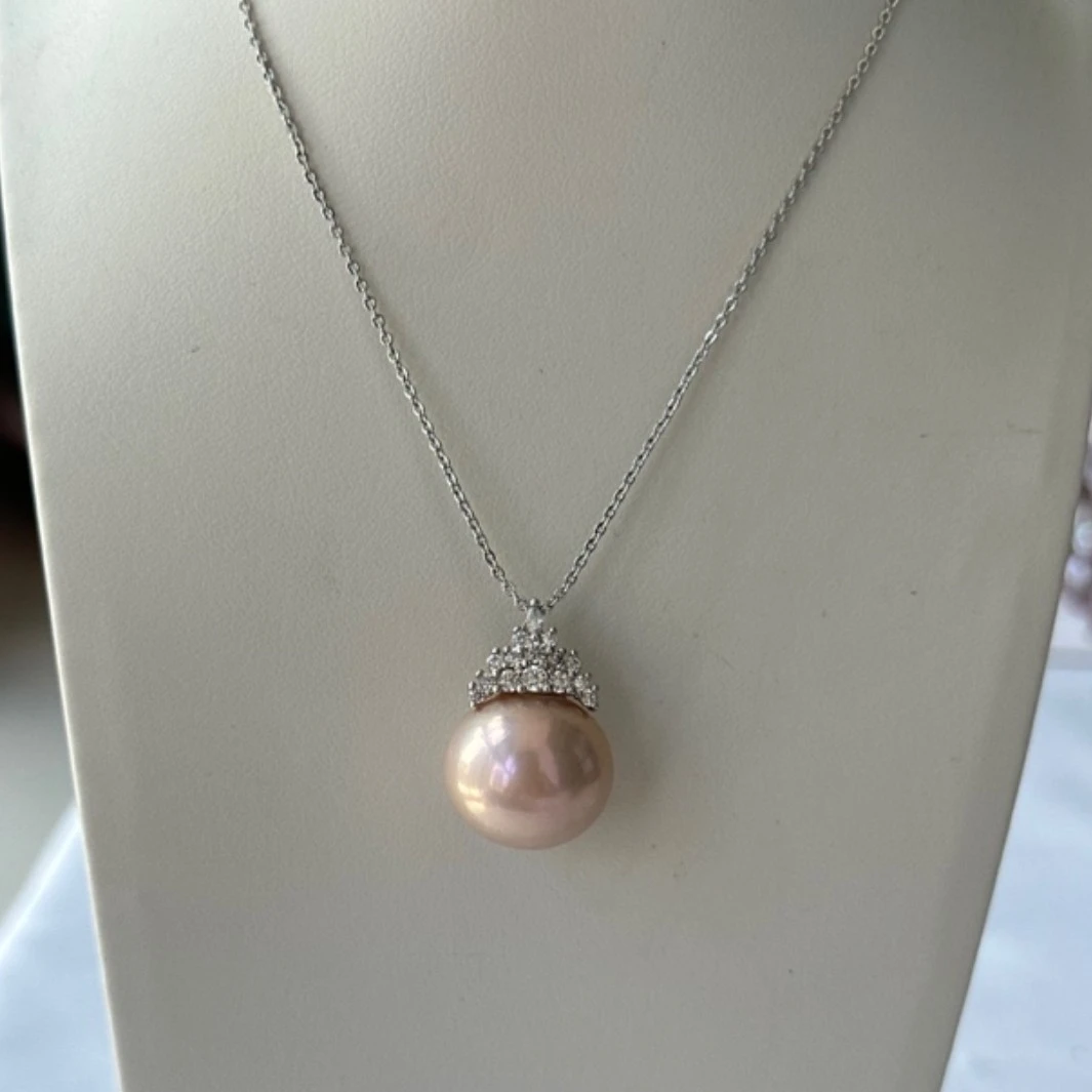 天然淡水珍珠14-15mm大颗大龙珠香槟粉色冰雪女王吊坠D80