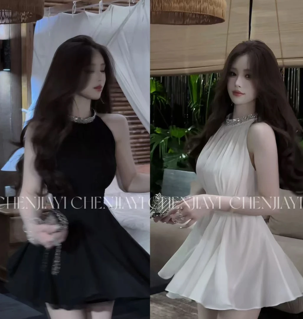 【WEIYI】富家千金重工露肩挂脖气质收腰连衣裙2720