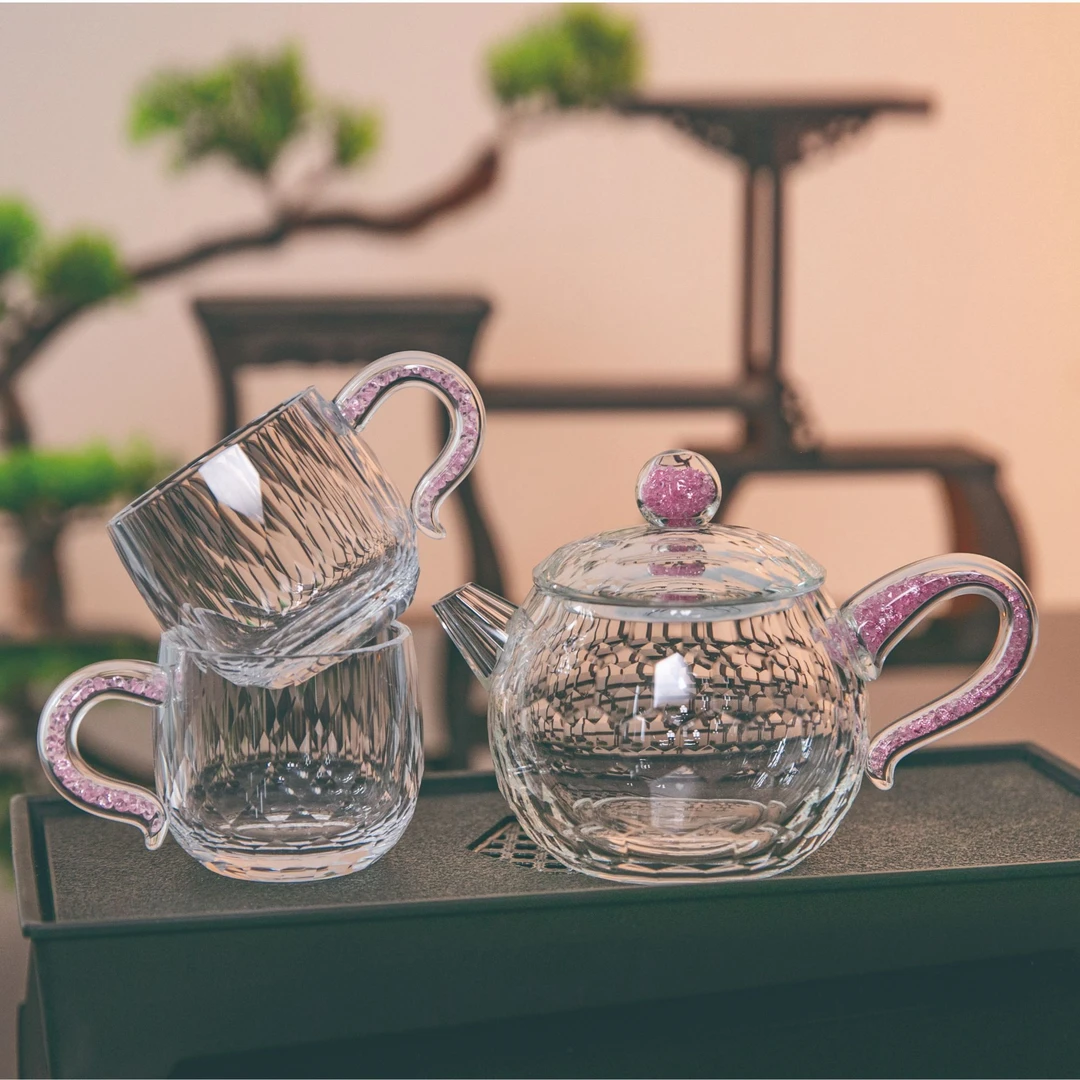 玺宴新款水晶切面高档轻奢家用粉钻西施壶弯把小茶碗茶具组合装