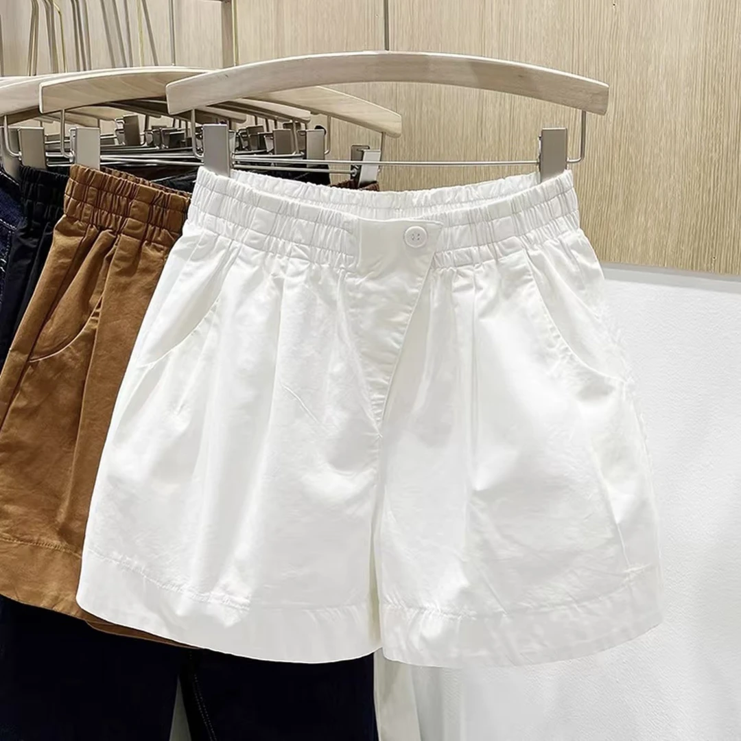 2025新款夏季松紧高腰A字五分裤休闲时尚百搭设计感短裤白色4465