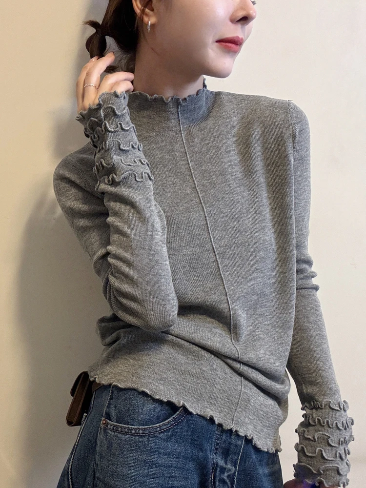 欧洲站2025秋冬季半高领压线纯色木耳边长袖针织衫女打底毛衣上衣