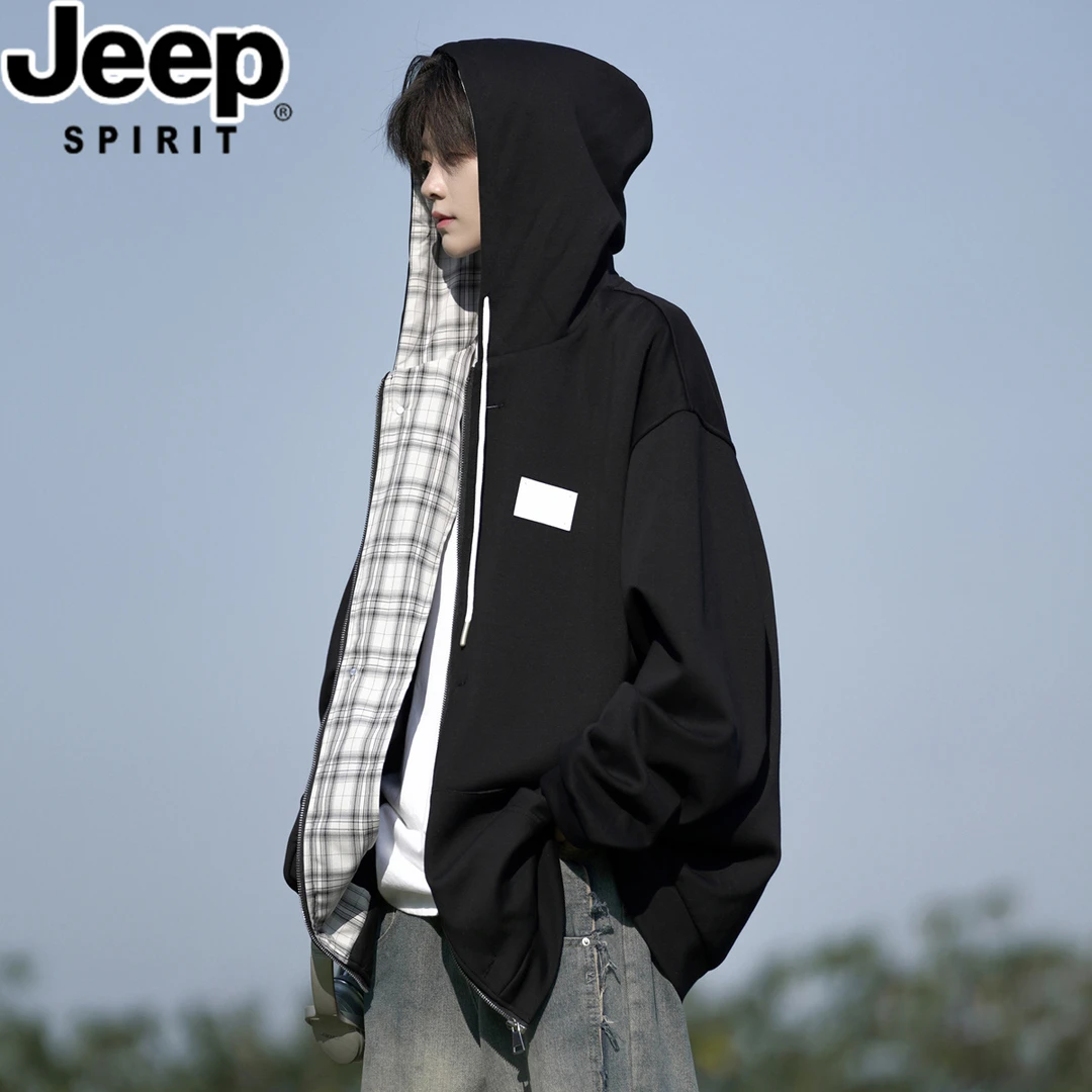 JEEPSPIRIT吉普设计感格子开衫卫衣男春装加大码宽松运动帽衫外套