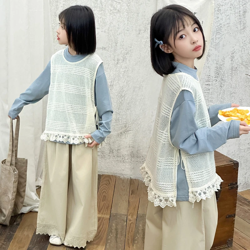 女春秋季民族风薄款春秋中大童洋气套装格子马夹休闲时尚无袖