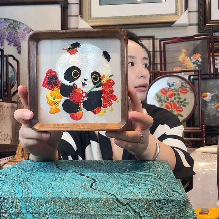 有机玻璃苏绣摆台胡桃木手工双面