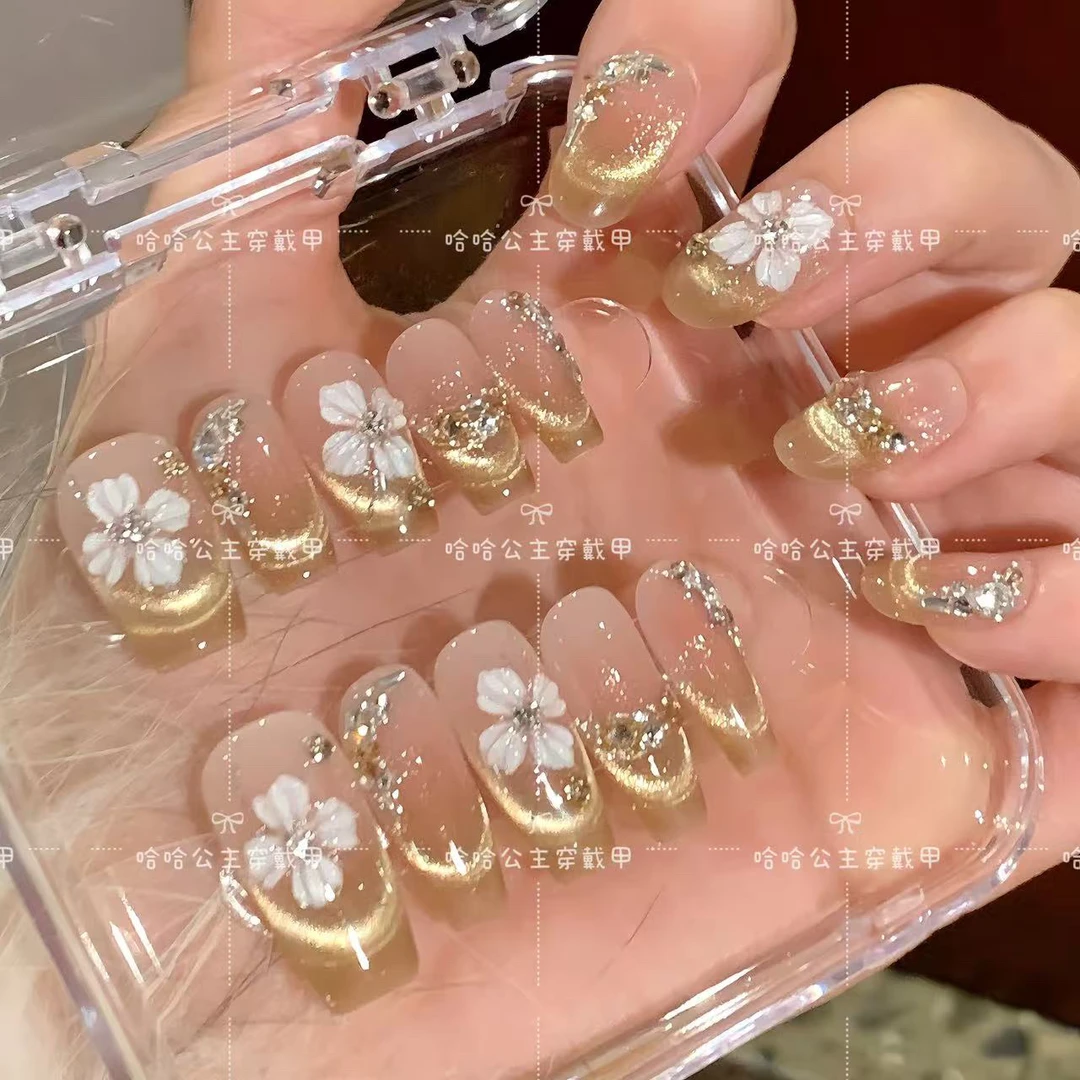 【花瓣月影】金色猫眼手绘花花金色拼钻猫眼手工美甲