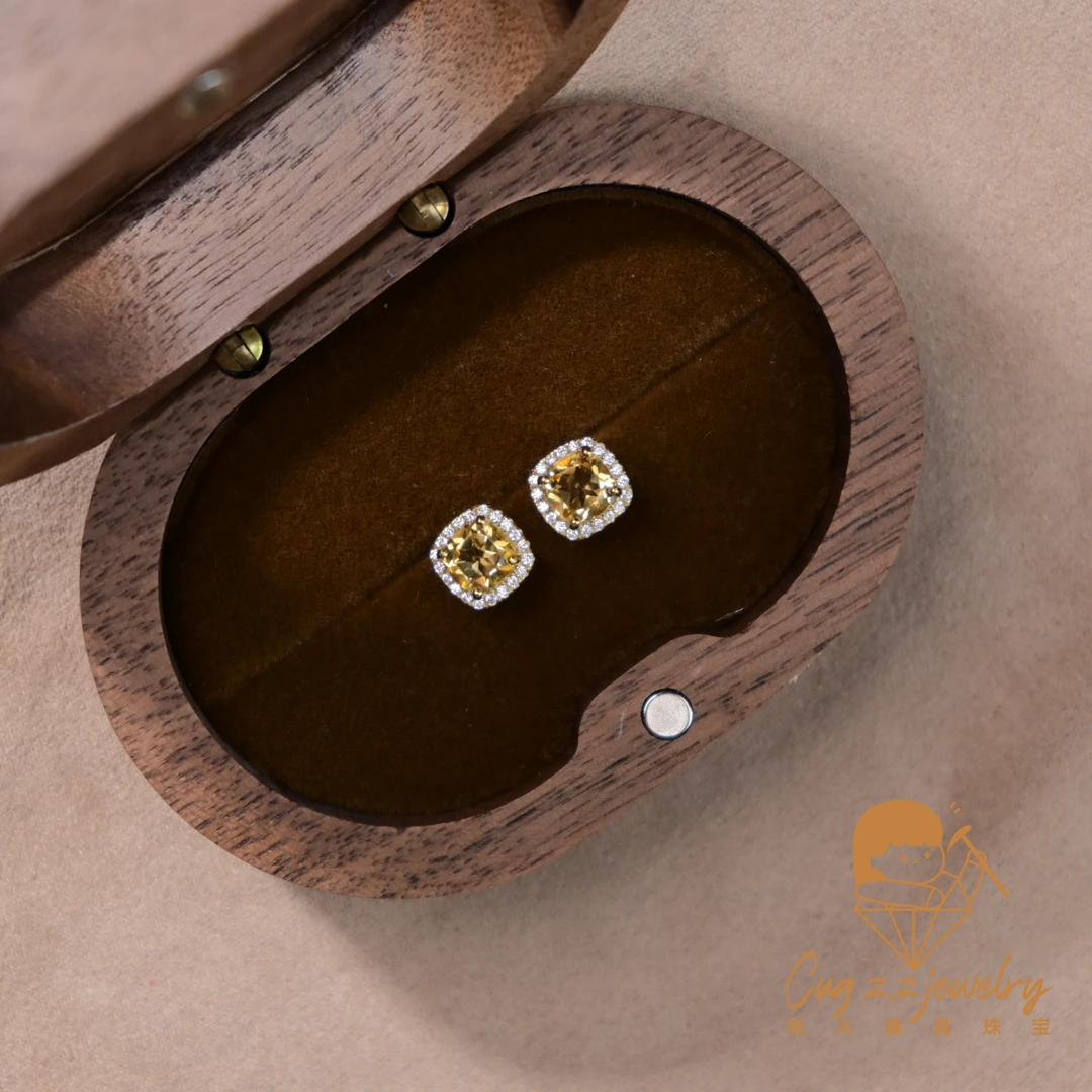 天然黄水晶耳钉方糖耳饰925银轻奢爆闪925银礼物